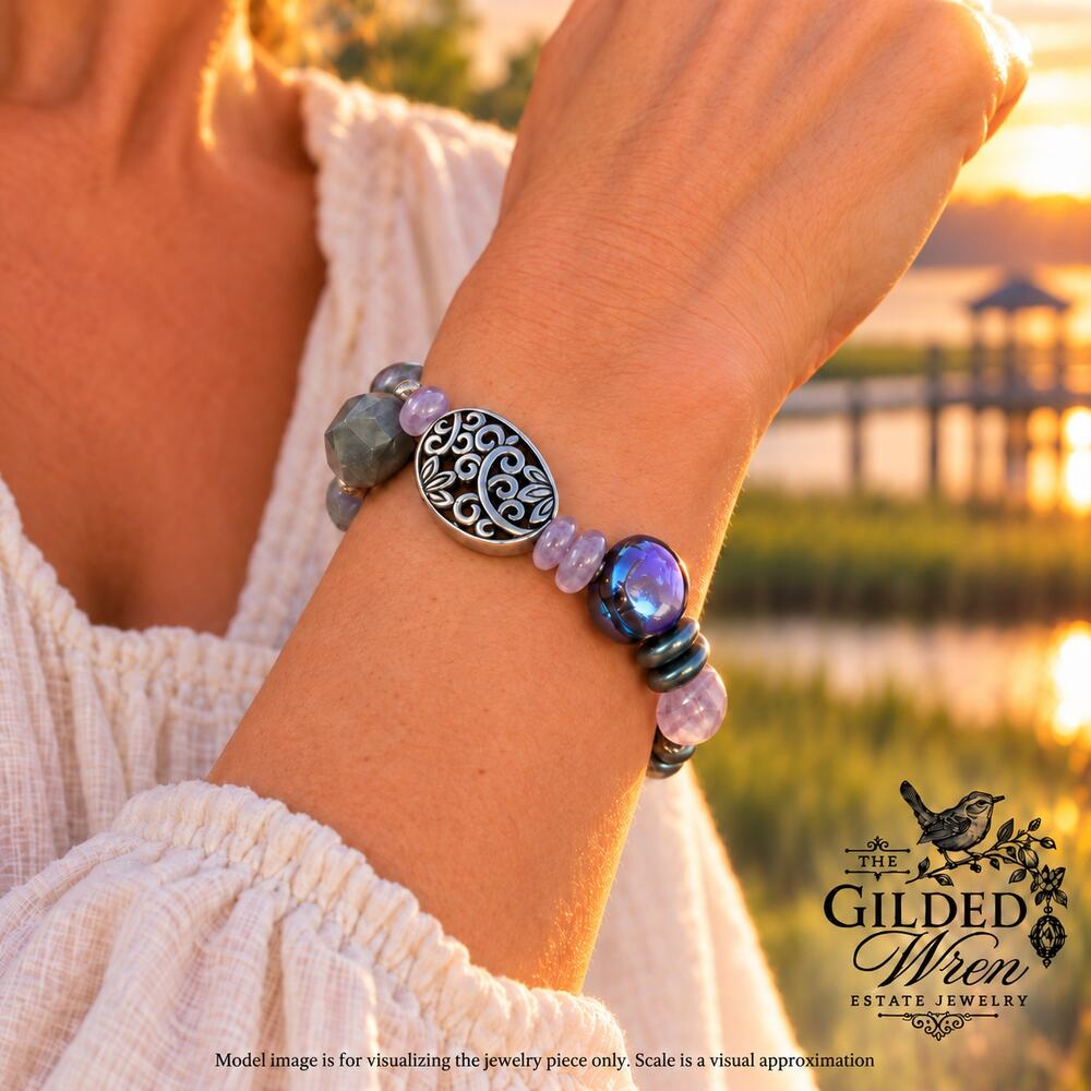 Silpada B2085 Canyon Amethyst Pearl Sterling Stretch Bracelet 6.75 in